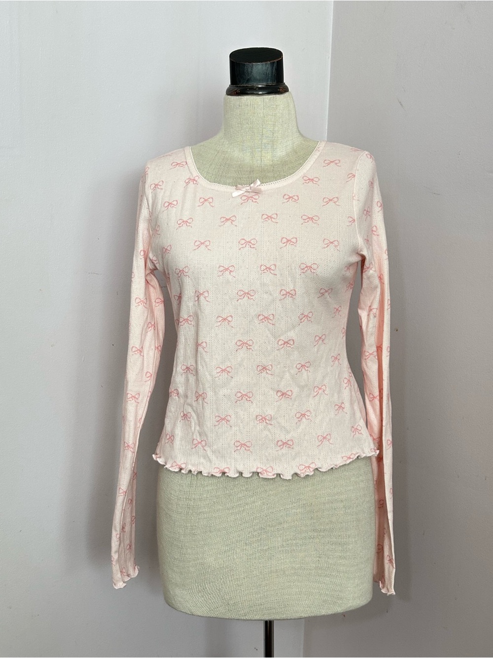 Starfit Pink Bow Cotton Pointelle Knit Top Small